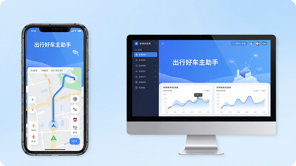 画面主体为一部手机和一台电脑并排摆放，屏幕均显示“出行好车主助手”界面，背景为浅蓝色渐变，布局左右对称，风格科技感，细节包括手机上的导航地图和电脑上的数据图表，画质高清干净，无多余元素