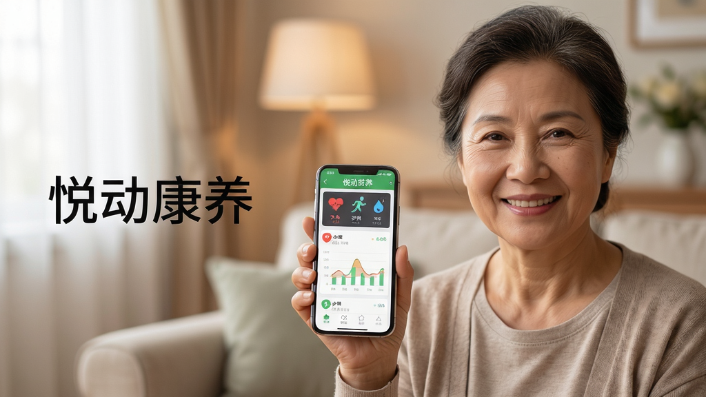 画面主体为一位面带微笑的中老年女性,手持智能手机,屏幕显示“悦动康养”应用界面,界面清晰展示健康数据图表。布局采用居中构图,人物位于画面中央偏右,左侧留白放置应用名称文字。排版简洁明快,主体突出。风格为写实摄影风格,光线柔和温暖,背景虚化的家庭客厅环境,营造亲切舒适氛围。细节包括手机屏幕上显示心率、步数等图标,人物衣着休闲。画质高清细腻,整体干净无多余元素。