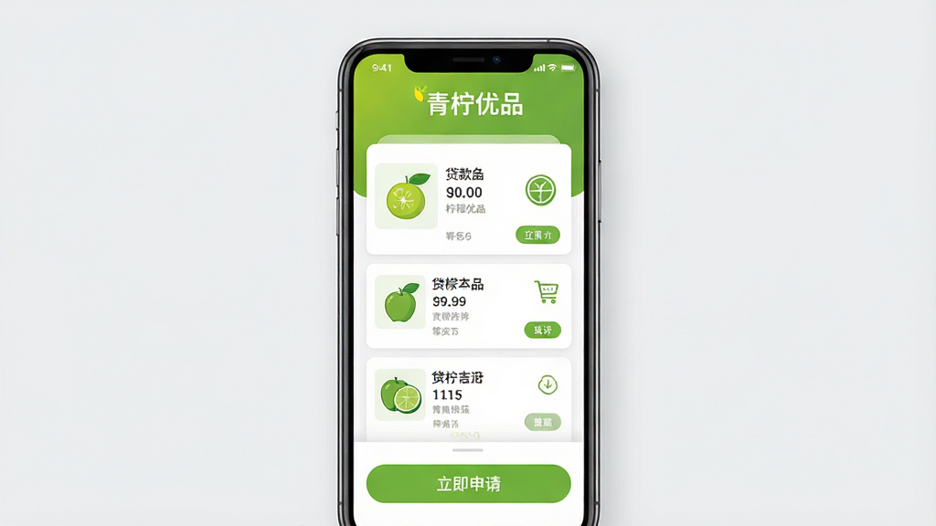 一部智能手机屏幕显示青柠优品APP主界面，界面风格简约清新，主色调为青绿色与白色，上方展示“青柠优品”品牌名称，中部为贷款产品信息卡片列表，下方为“立即申请”按钮。整体布局清晰，主体突出，背景为纯净的浅灰色，无多余元素，画质高清，干净明亮。
