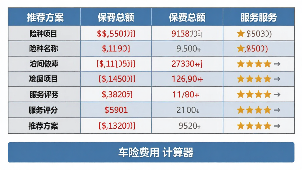 主体:对比表格展示不同保险公司的保费报价,包含公司名称、保费总额和服务评分。布局:表格形式,横向对比,左侧为险种项目,顶部为保险公司名称。排版:整齐的表格线,金额用红色标注,评分用星级表示。风格:商务简洁,蓝灰配色。细节:表格下方有“推荐方案”按钮,标注“车险费用计算器”品牌。画质:高清,干净,无多余元素。