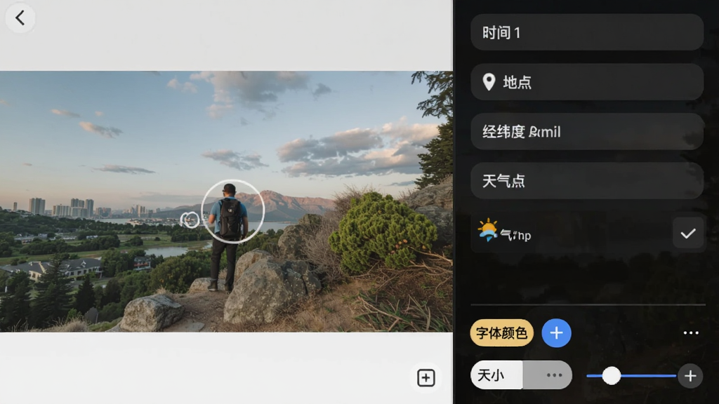 水印相机定位照片打卡的自定义模板编辑页面，左侧是预览区域，右侧是字段选择列表，包含时间、地点、经纬度、天气等选项，底部有字体颜色和大小调节工具，界面简洁，操作直观，画质清晰。