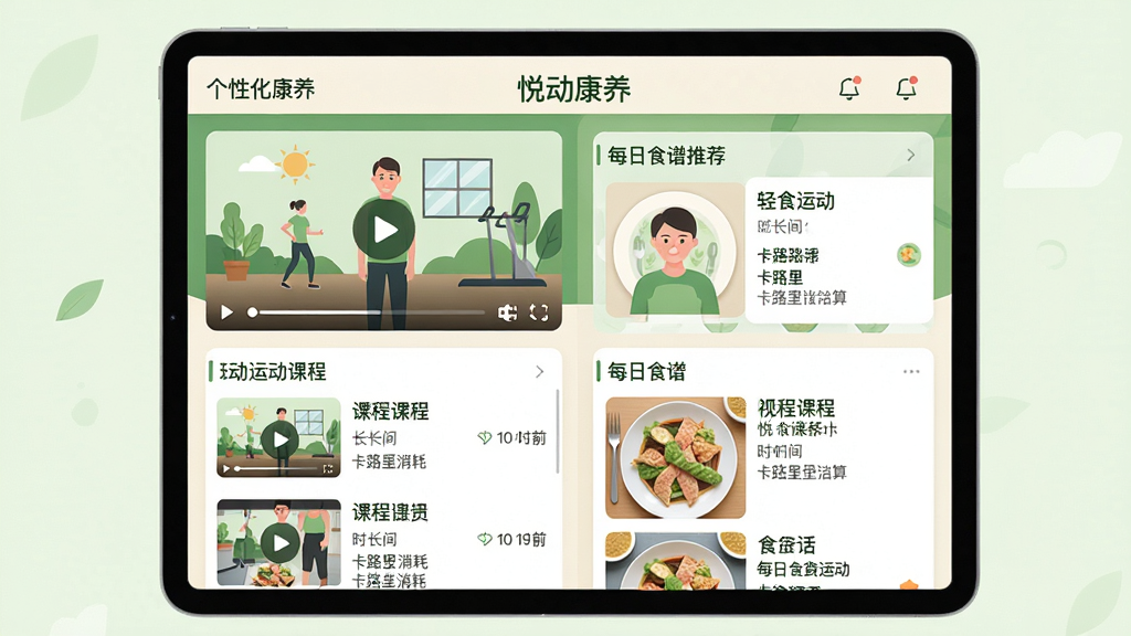 画面主体为平板电脑展示“悦动康养”应用中的个性化计划界面,左侧是运动视频课程列表,右侧是每日食谱推荐卡片。布局采用上下分层,上方为视频预览图,下方为食谱图文详情。排版风格清新自然,绿色与米色搭配。风格为扁平插画风,人物动作示意图简洁易懂。细节包括课程名称、时长、卡路里消耗估算。画质干净明亮,无多余元素。