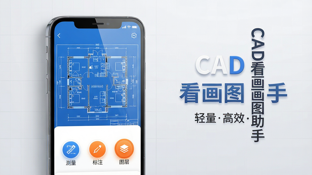 主体：一款名为“CAD看图画图助手”的手机应用界面展示，屏幕中显示一张复杂的建筑平面图，界面下方有“测量”、“标注”、“图层”等圆形功能按钮。布局：手机位于画面中央偏左，右侧留白并配有“CAD看图画图助手”的竖排艺术字与“轻量高效专业”副标题。排版：界面UI元素排列整齐，图标清晰，线条流畅，背景为浅灰色渐变网格，凸显科技感。风格：扁平化结合拟物化细节，色彩以蓝白为主，辅以橙色高亮按钮。细节：图纸线条锐利清晰，按钮有轻微按压阴影，屏幕玻璃有微弱反光。画质：8K超高清渲染，干净整洁，无多余元素。
