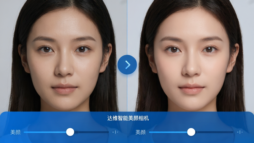 主体:达维智能美颜相机的AI美颜功能界面,左侧为原始人像,右侧为美颜后的人像,两者对比。布局:左右分屏对比,中间有箭头指示。排版:界面下方有美颜参数调节滑杆。风格:简洁直观,科技蓝为主色调。细节:皮肤细节清晰,美颜效果自然,五官立体。画质:高清,干净,无多余元素。