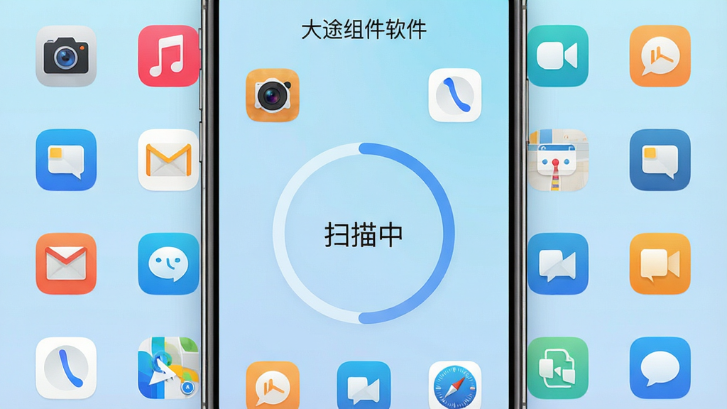 一张展示大途组件软件扫描过程的界面截图,手机屏幕中央显示一个圆形进度环,环内带有“扫描中”三个字,周围环绕着各类应用图标,包括相机、音乐、邮件等,背景为淡蓝色渐变,顶部有“大途组件软件”字样,整体风格简约科技感,图标排列整齐,画质清晰,无冗余元素