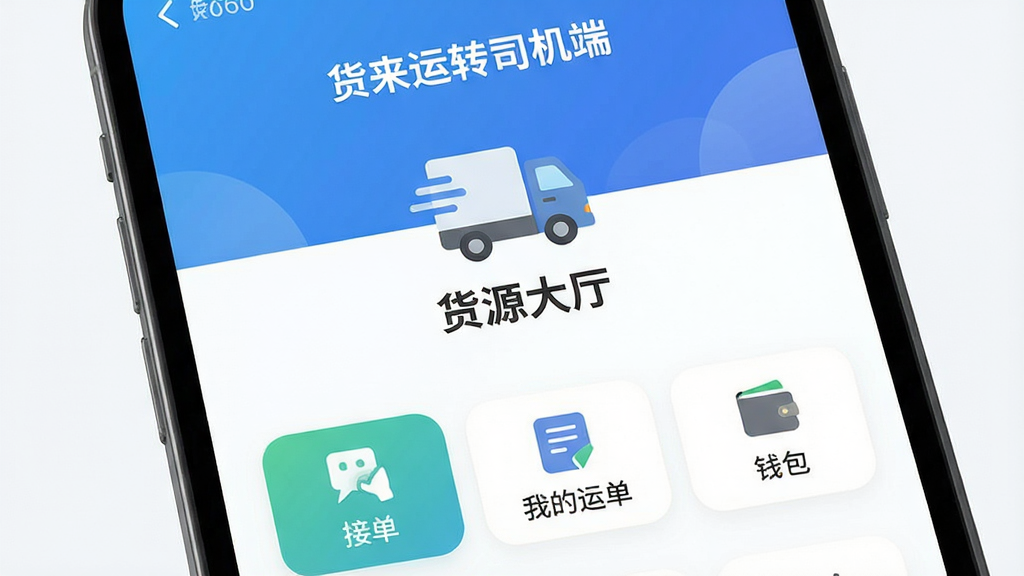 画面主体为一部智能手机屏幕特写,屏幕中显示“货来运转司机端”APP主界面,界面风格简洁现代,上方为蓝色渐变背景,中央有货车图标和“货源大厅”字样,下方分布“接单”“我的运单”“钱包”等按钮。整体布局居中,排版清爽,扁平化UI设计,细节展示图标圆润、字体清晰,画质高清干净,无多余元素。