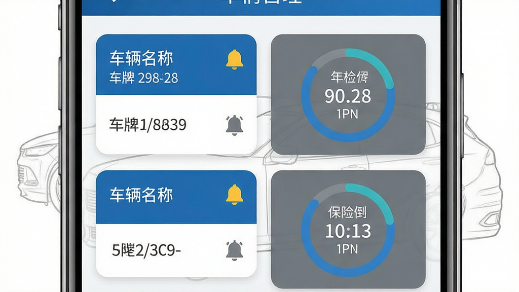 画面主体为手机界面展示车辆管理页面，页面左侧列出车辆名称和车牌号，右侧显示年检、保险倒计时环，背景有车辆轮廓线稿，布局采用左右对称卡片式排版，风格简洁商务，蓝色与灰色配色，细节包括日期数字和提醒铃铛图标，画质干净清晰，无多余元素