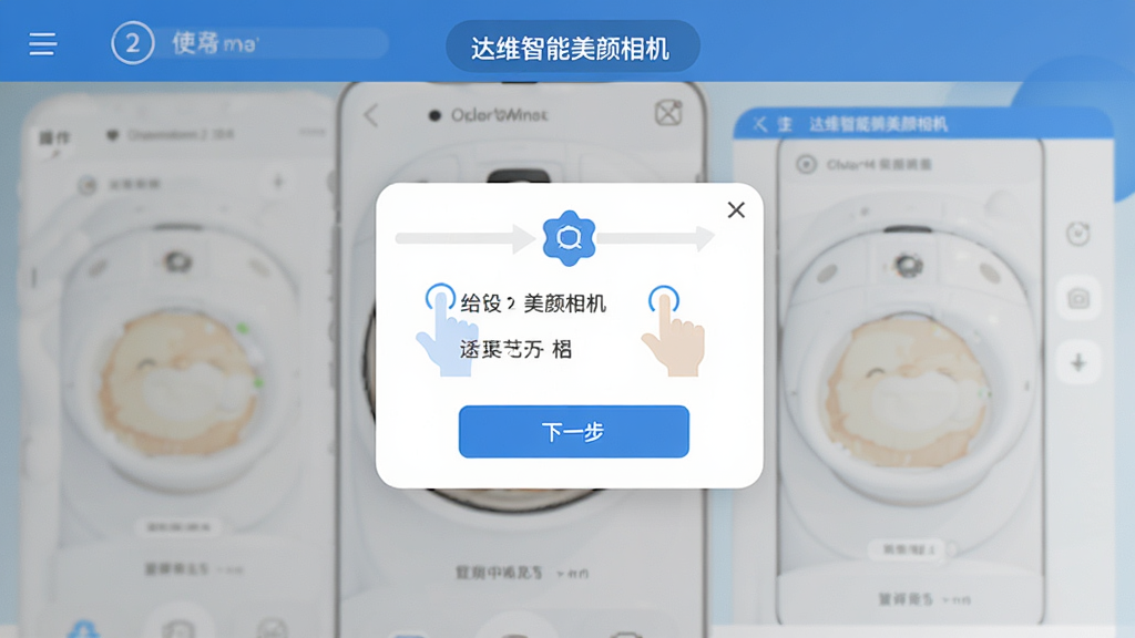 主体:达维智能美颜相机的使用教程界面,展示操作步骤。布局:屏幕中显示引导弹窗,下方有“下一步”按钮。排版:文字清晰,步骤编号醒目。风格:简洁友好,蓝色主调。细节:弹窗中有手势提示,界面干净。画质:高清,干净,无多余元素。