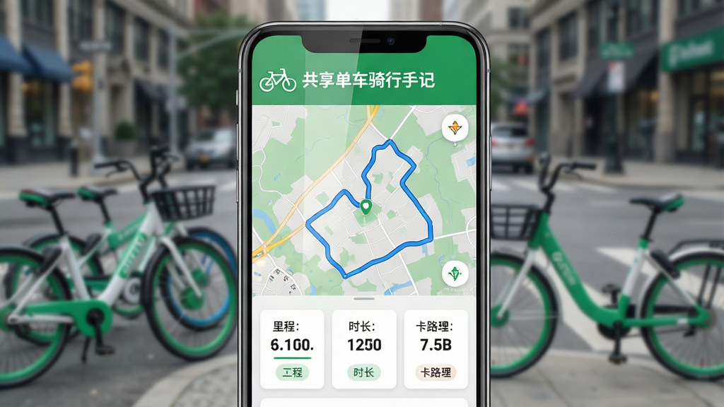 主体:一部智能手机屏幕显示共享单车骑行手记应用主界面,界面顶部有“共享单车骑行手记”字样和绿色单车图标,中间是实时骑行轨迹地图,下方是里程、时长、卡路里三个数据卡片。布局:手机居中,背景为模糊的城市街道和共享单车,突出应用界面。排版:界面信息清晰,数据卡片整齐排列,地图占主要视觉区域。风格:现代扁平化设计,绿色主色调,简洁明亮。细节:屏幕反光自然,数据数字清晰可见,地图上有蓝色路线。画质:高清渲染,干净,无多余元素。