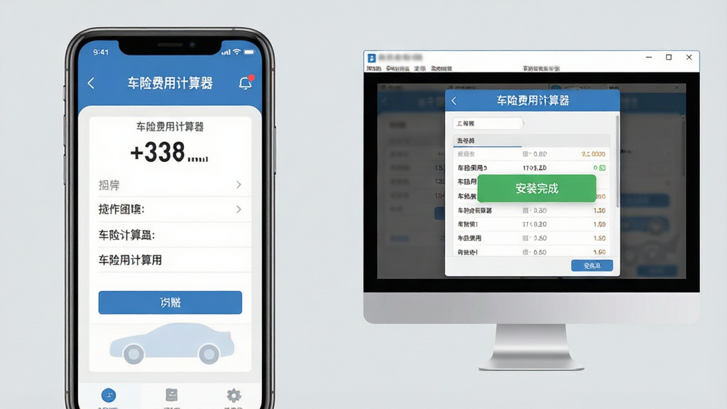 主体:手机屏幕显示车险费用计算器运行界面,旁边有模拟器窗口。布局:左侧为手机实物,右侧为电脑模拟器界面,形成对比。排版:手机屏幕放大展示操作步骤,模拟器展示完整报告。风格:写实与扁平结合,背景为浅灰色。细节:界面元素清晰,标注“车险费用计算器”字样,模拟器窗口有“安装完成”提示。画质:高清,干净,无多余元素。