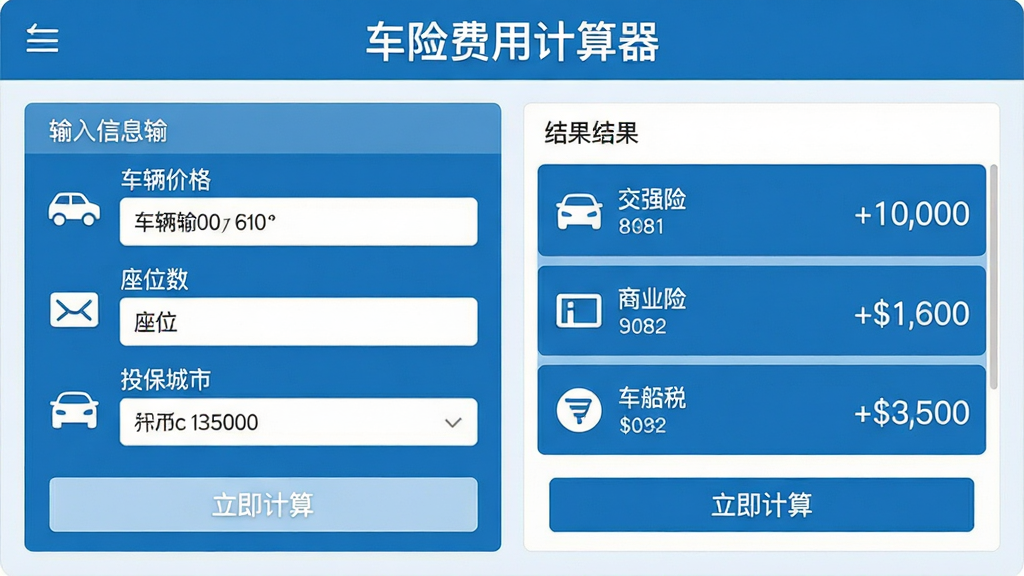 主体:车险费用计算器软件界面,显示车辆信息输入框和保费计算结果列表。布局:左侧为输入区域,右侧为结果展示区,顶部有软件名称“车险费用计算器”字样。排版:清晰的分栏设计,输入项包括车辆价格、座位数、投保城市,结果区列出交强险、商业险、车船税等金额。风格:扁平化设计,蓝白主色调,图标简洁。细节:界面干净,数字清晰,按钮带有“立即计算”文字。画质:高清,干净,无多余元素。