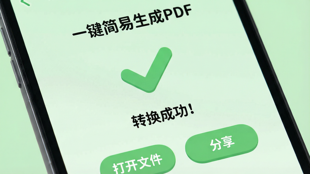 一张手机操作界面的特写,屏幕中显示“一键简易生成PDF”的转换成功页面,背景为柔和的淡绿色,中央有一个大大的绿色对勾图标,下方文字“转换成功!”,底部有“打开文件”和“分享”两个按钮,整体风格清新活泼,UI元素圆润可爱,画质清晰,无多余元素