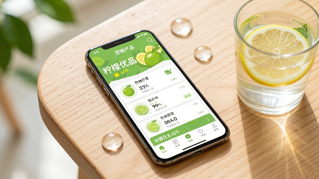 青柠优品APP在手机上的运行界面，屏幕显示贷款产品列表和底部导航栏，手机放置于木质桌面上，旁边有一杯柠檬水，整体画面明亮，风格清新自然，主体突出，背景简洁，画质高清。