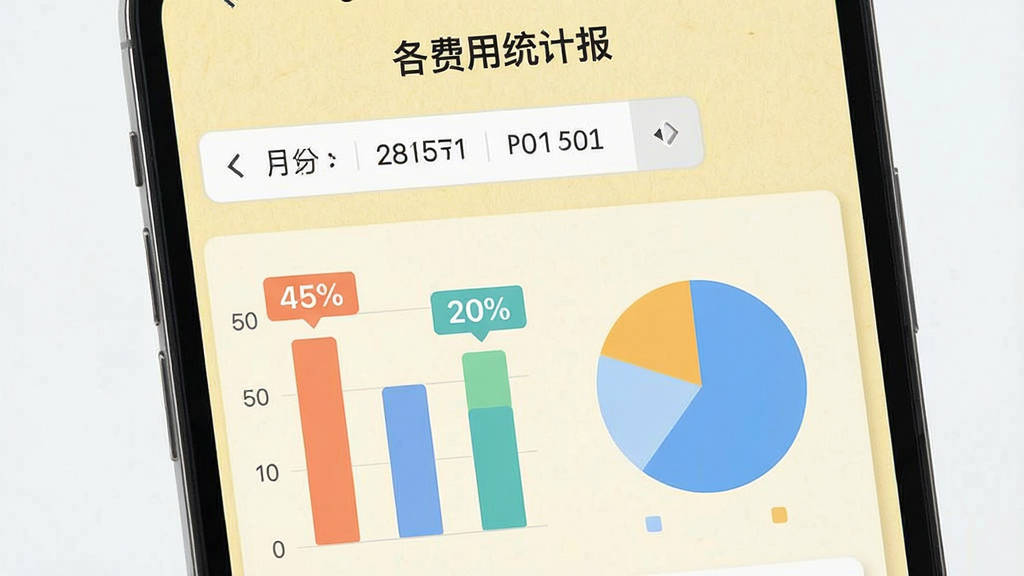 画面主体为手机界面展示费用统计报表，顶部为月份选择器，下方为柱状图和饼图，分别显示各项支出占比，背景为淡黄色纸张纹理，布局采用顶部标题加图表区域，风格简约清新，细节包括“加油 45%”“停车 20%”标签，画质干净，无多余元素