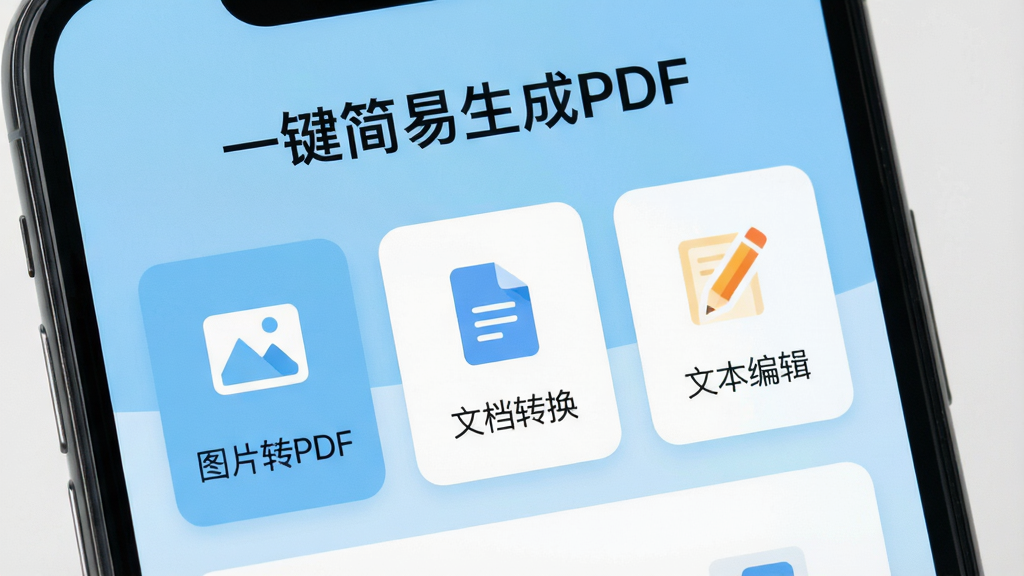一张展示手机屏幕的正面特写,屏幕中清晰显示“一键简易生成PDF”APP主界面,界面顶部有软件名称文字“一键简易生成PDF”,下方排列着“图片转PDF”、“文档转换”、“文本编辑”几个大图标按钮,整体布局简洁现代,浅蓝色背景,白色卡片,扁平化设计风格,画面干净明亮,细节清晰,高画质