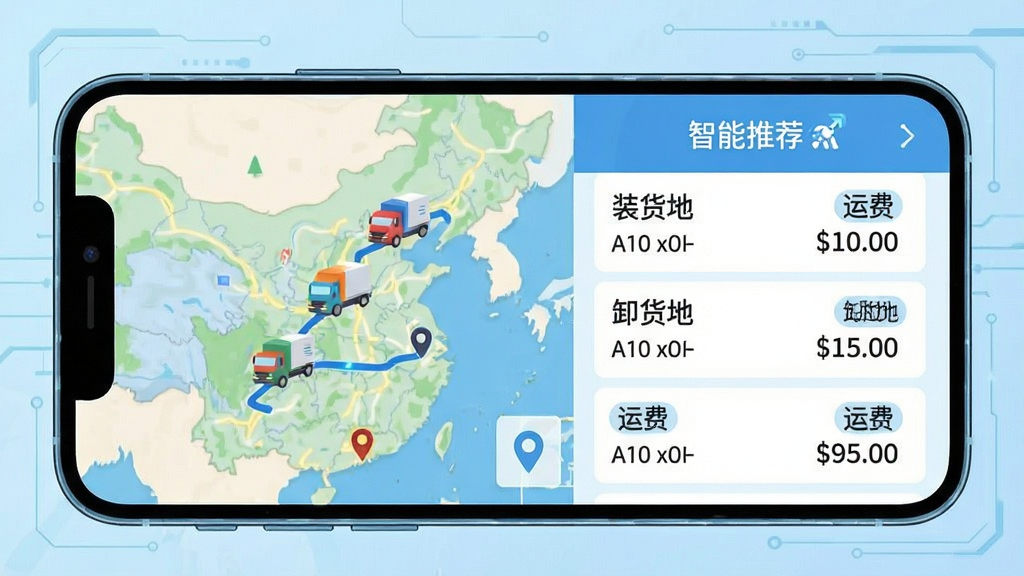 画面主体为手机横屏界面,左侧是地图,右侧是货源列表,列表上有“装货地”“卸货地”“运费”等文字标签,顶部有“智能推荐”字样,背景为淡蓝色科技感设计,整体布局左右分栏,排版规整,扁平化插画风格,细节突出货车小图标和路线线条,画质干净明亮,无多余元素。