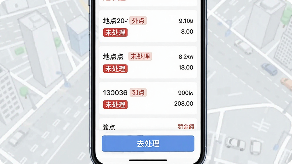 画面主体为手机界面展示违章查询结果列表，每条记录包含违章时间、地点、扣分和罚款金额，底部有“去处理”按钮，背景为浅灰色城市道路图，布局为列表式，风格简洁实用，细节包括红色“未处理”标签，画质清晰，无多余元素