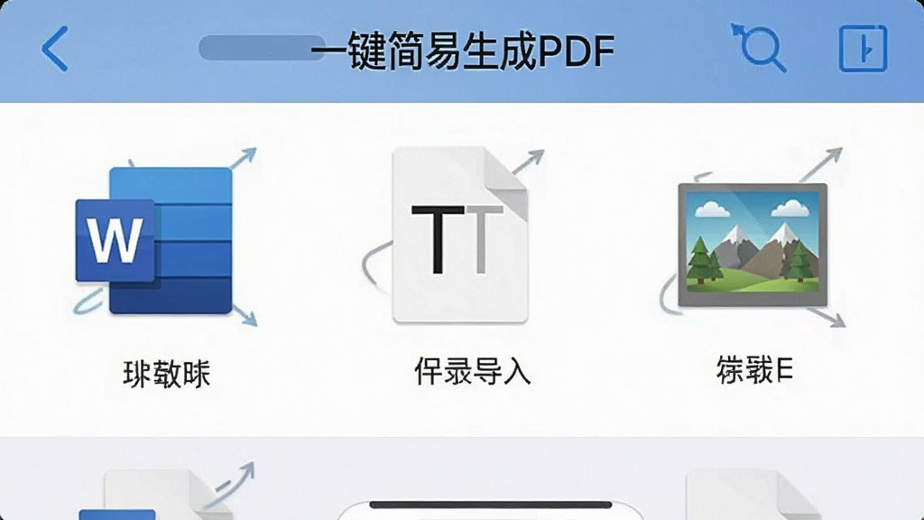 一张展示手机文件选择界面的截图,屏幕中显示“一键简易生成PDF”正在导入Word文档,文件列表中有几个不同格式的文档图标,包括Word、TXT和图片,背景为干净的白色,文件图标下方有文件名,整体界面简洁明了,扁平化设计,色调以蓝色和灰色为主,画质清晰,细节丰富