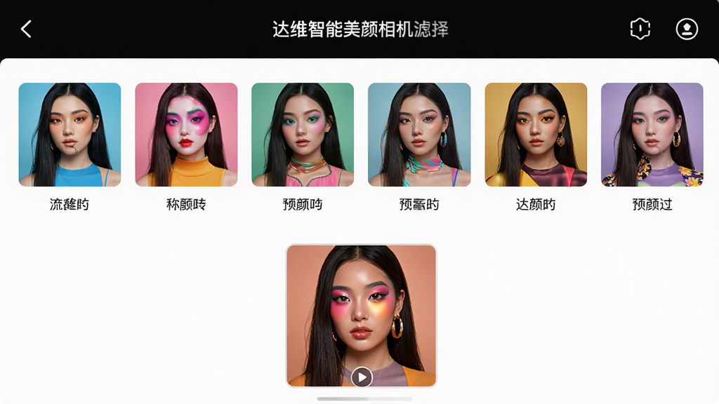 主体:达维智能美颜相机滤镜选择界面,展示多款滤镜缩略图。布局:滤镜列表横向排列,底部为当前滤镜效果预览。排版:界面简洁,滤镜名称标注清晰。风格:时尚活泼,色彩丰富。细节:每款滤镜下的样张色彩不同,风格各异。画质:高清,干净,无多余元素。