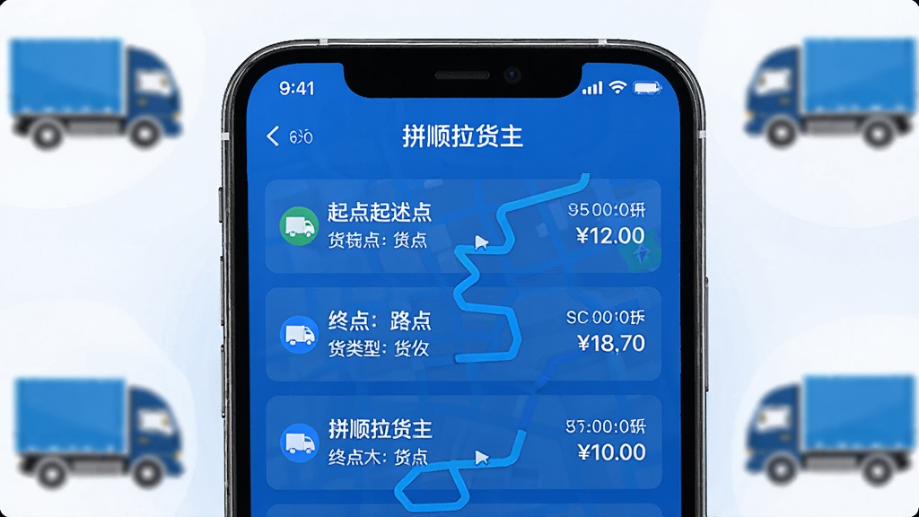 画面主体为智能手机屏幕展示“拼顺拉货主”APP的货源列表，列表项包含起终点、货物类型和运费金额。布局采用手机居中特写，周围环绕模糊的货运车辆图标。排版清晰，列表数据条理分明。风格科技蓝调，细节包括地图路线和车辆小图标，画质高清洁净。