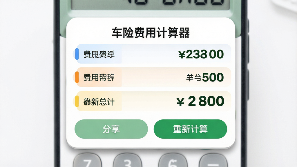 主体:计算器界面展示保费估算结果,包含各项费用明细和总计金额。布局:居中显示结果卡片,每项费用用不同颜色区分,底部有“分享”和“重新计算”按钮。排版:列表式布局,金额数字加粗突出,项目名称清晰。风格:现代简约,绿色系强调计算结果。细节:卡片圆角设计,带有阴影效果,顶部显示“车险费用计算器”字样。画质:高清,干净,无多余元素。